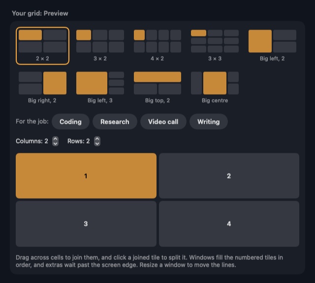 Findow's grid chooser, with nine ready-made grids and a builder