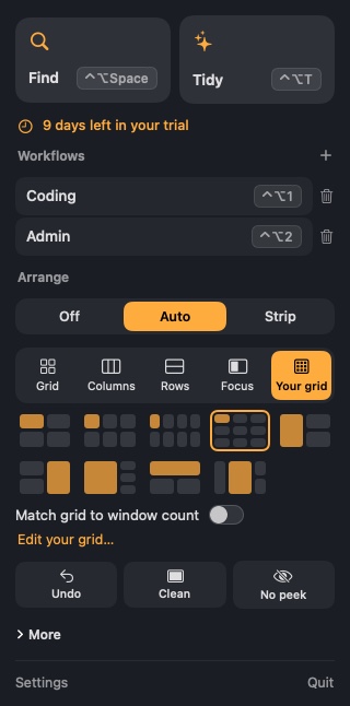 Findow's menu bar panel with workflows, arrange modes, grid layouts and quick actions