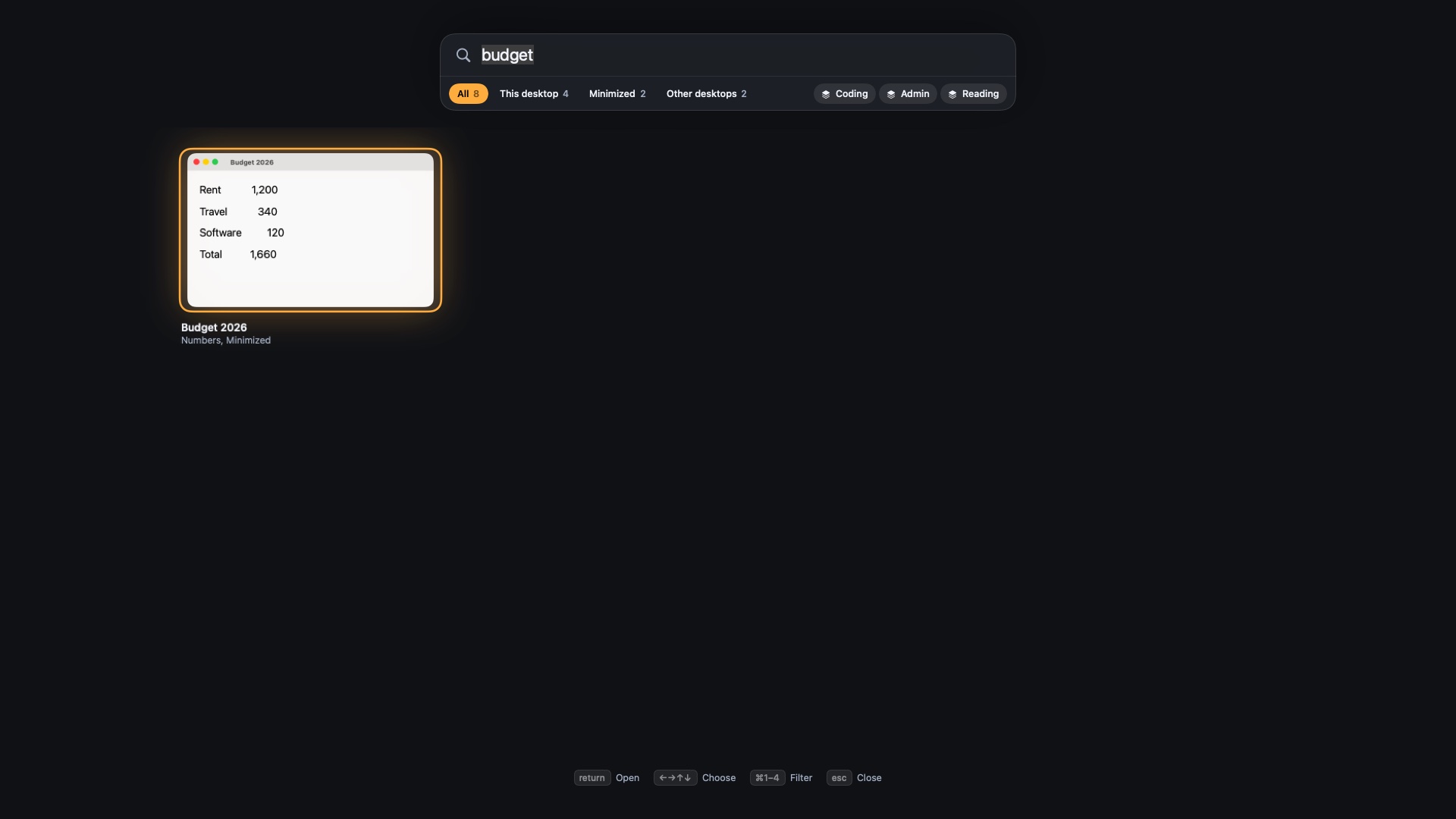 Findow's overview filtered by a typed search