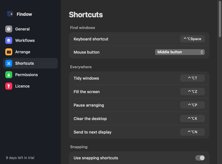 Findow's Shortcuts settings, with keys for finding windows, tidying and a mouse button option