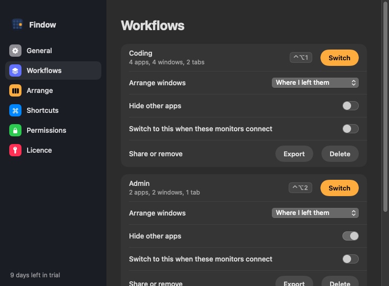 Findow's Workflows settings listing Coding and Admin